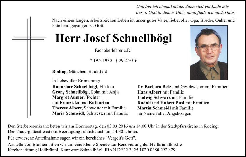 Traueranzeige Josef Schnellbögl