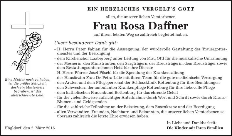 Traueranzeige Rosa Daffner