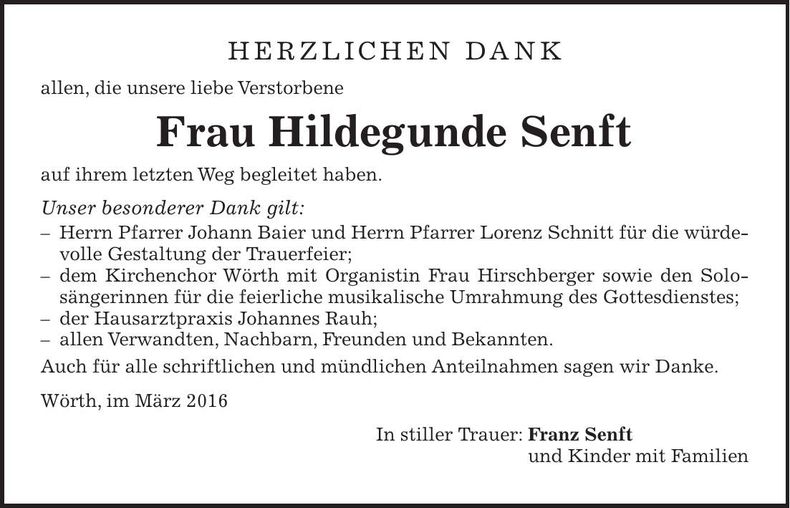 Traueranzeige Hildegunde Senft