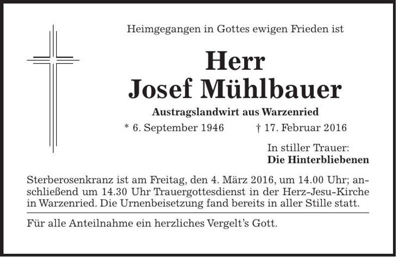 Traueranzeige Josef Mühlbauer