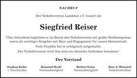 Traueranzeige Siegfried Reiser
