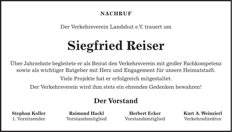 Traueranzeige Siegfried Reiser