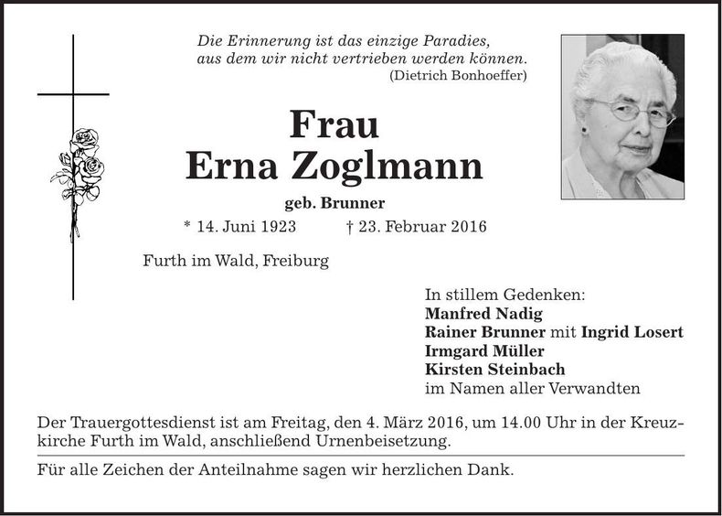 Traueranzeige Erna Zoglmann