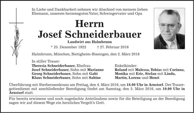 Traueranzeige Josef Schneiderbauer