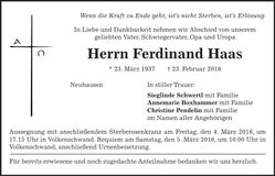 Traueranzeige Ferdinand Haas