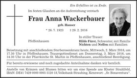 Traueranzeige Anna Wackerbauer
