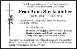 Traueranzeige Anna Steckenbiller