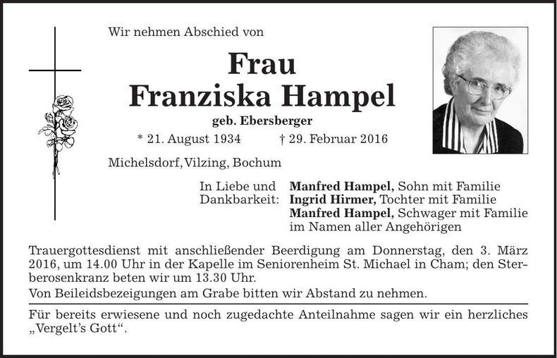 Traueranzeige Franziska Hampel
