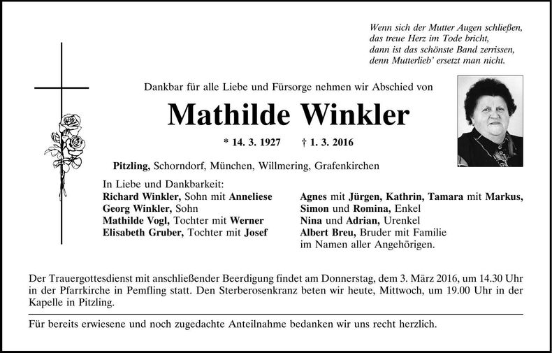 Traueranzeige Mathilde Winkler