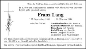 Traueranzeige Franz Lang