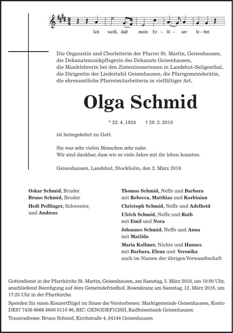Traueranzeige Olga Schmid