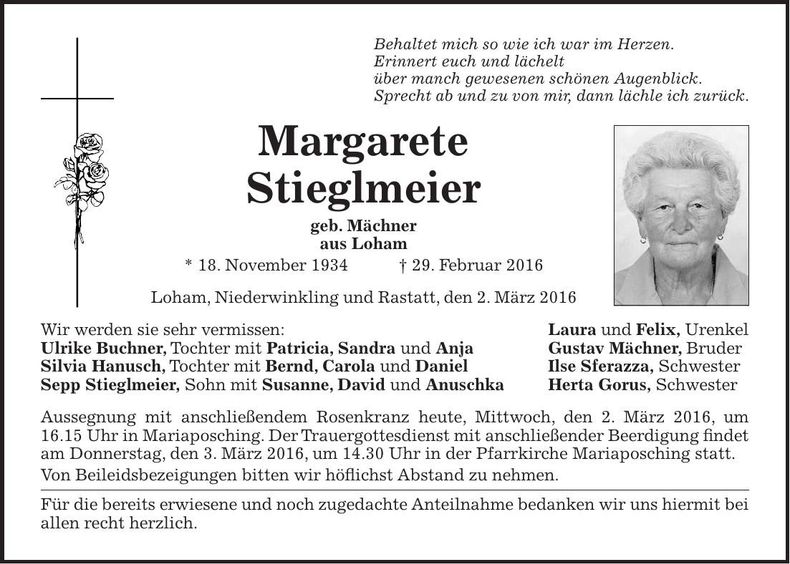 Traueranzeige Margarete Stieglmeier