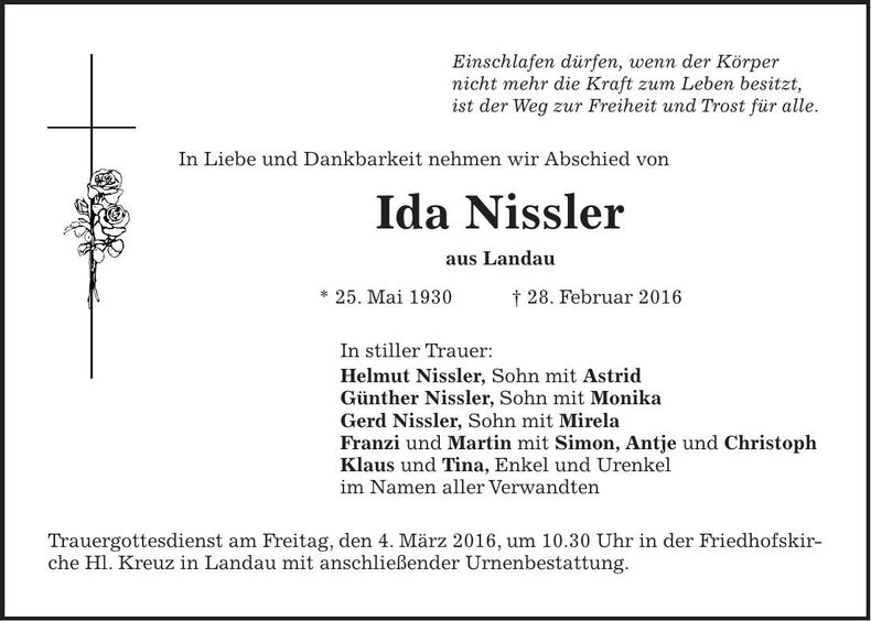 Traueranzeige Ida Nissler