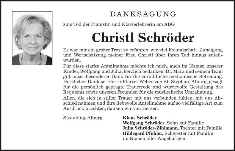 Traueranzeige Christl Schröder