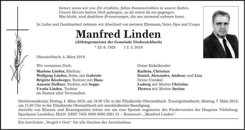 Traueranzeige Manfred Linden