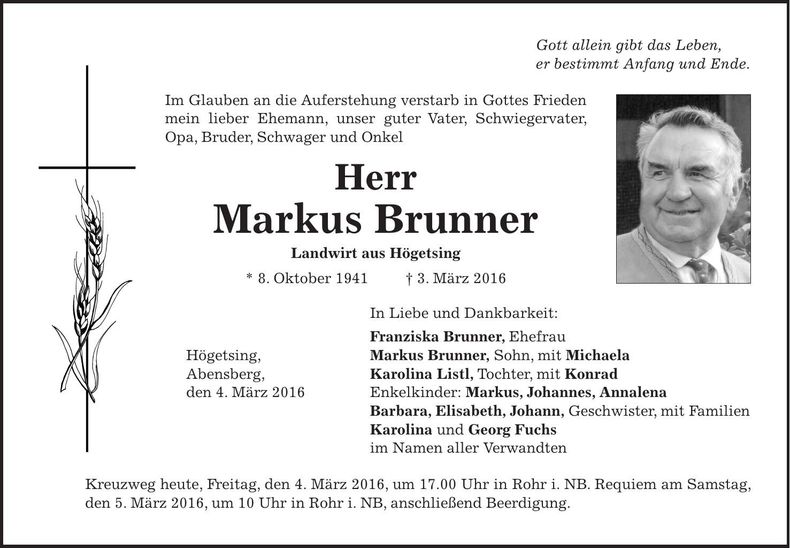 Traueranzeige Markus Brunner