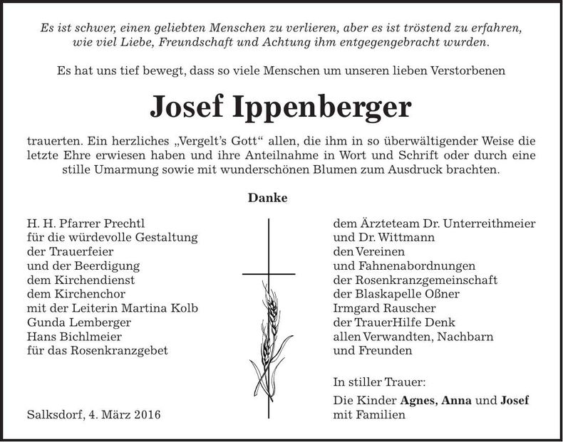 Traueranzeige Josef Ippenberger