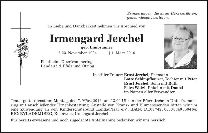 Traueranzeige Irmengard Jerchel