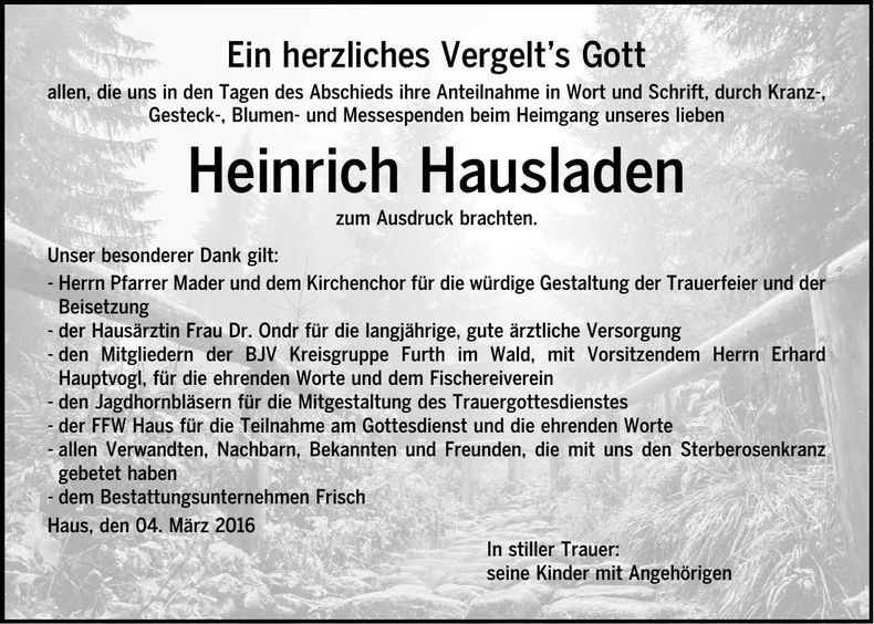 Traueranzeige Heinrich Hausladen