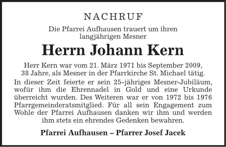 Traueranzeige Johann Kern
