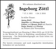 Traueranzeige Ingeborg Zöttl