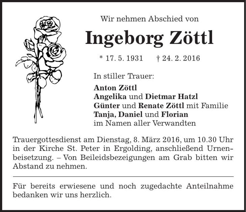 Traueranzeige Ingeborg Zöttl