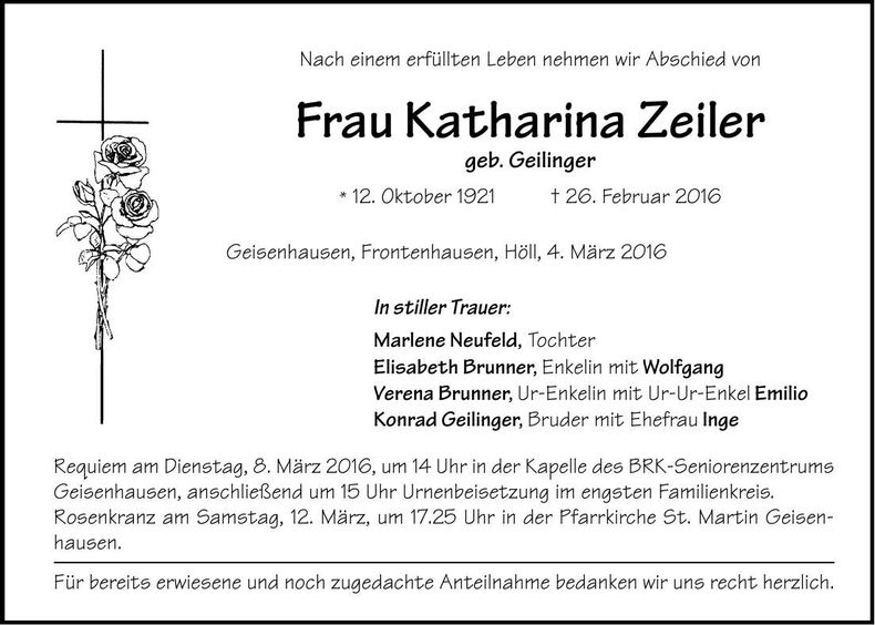 Traueranzeige Katharina Zeiler