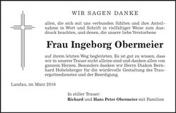 Traueranzeige Ingeborg Obermeier