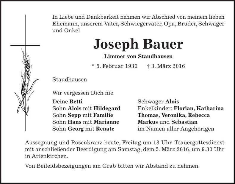 Traueranzeige Joseph Bauer