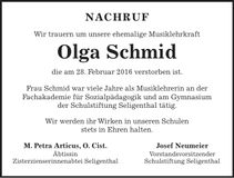 Traueranzeige Olga Schmid
