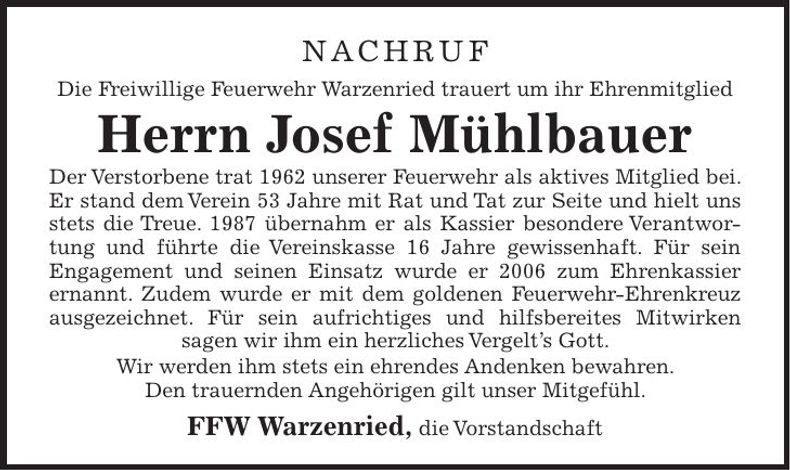 Traueranzeige Josef Mühlbauer