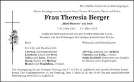 Traueranzeige Theresia Berger