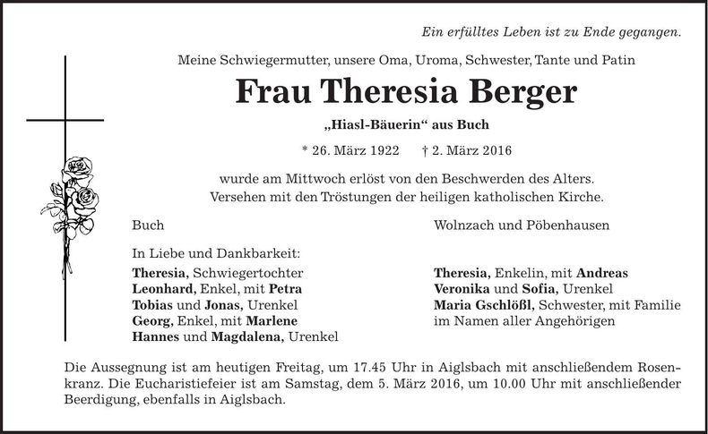 Traueranzeige Theresia Berger