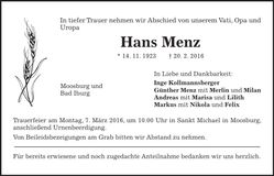Traueranzeige Hans Menz