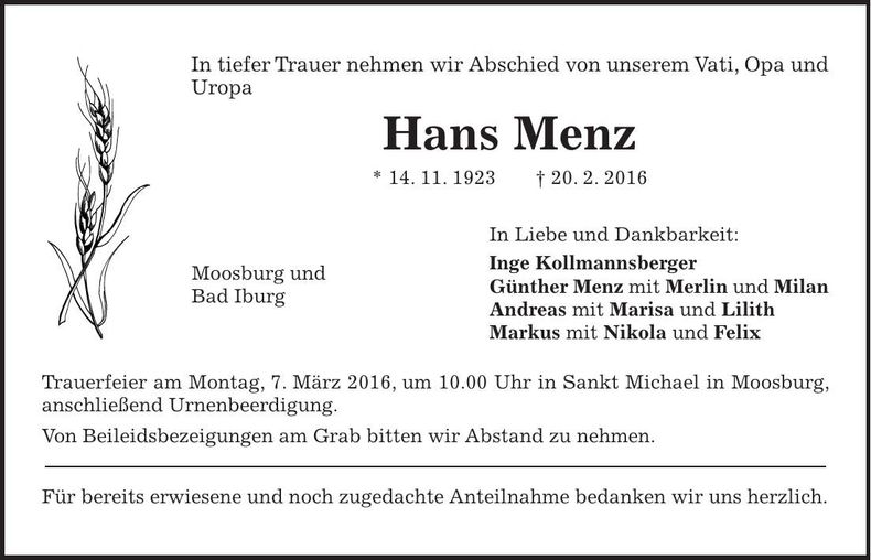 Traueranzeige Hans Menz