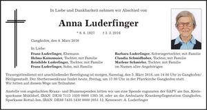 Traueranzeige Anna Luderfinger