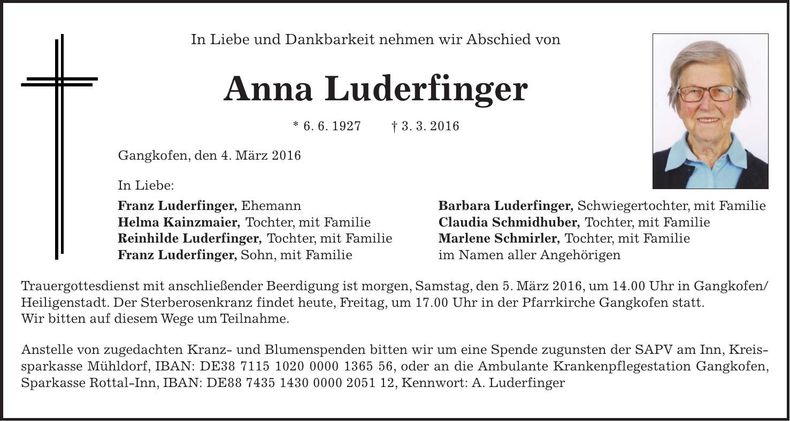 Traueranzeige Anna Luderfinger