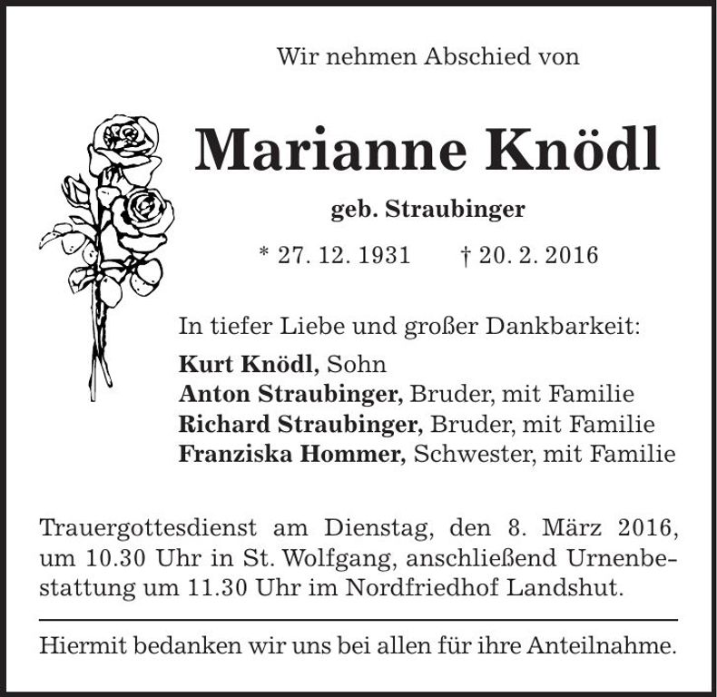 Traueranzeige Marianne Knödl