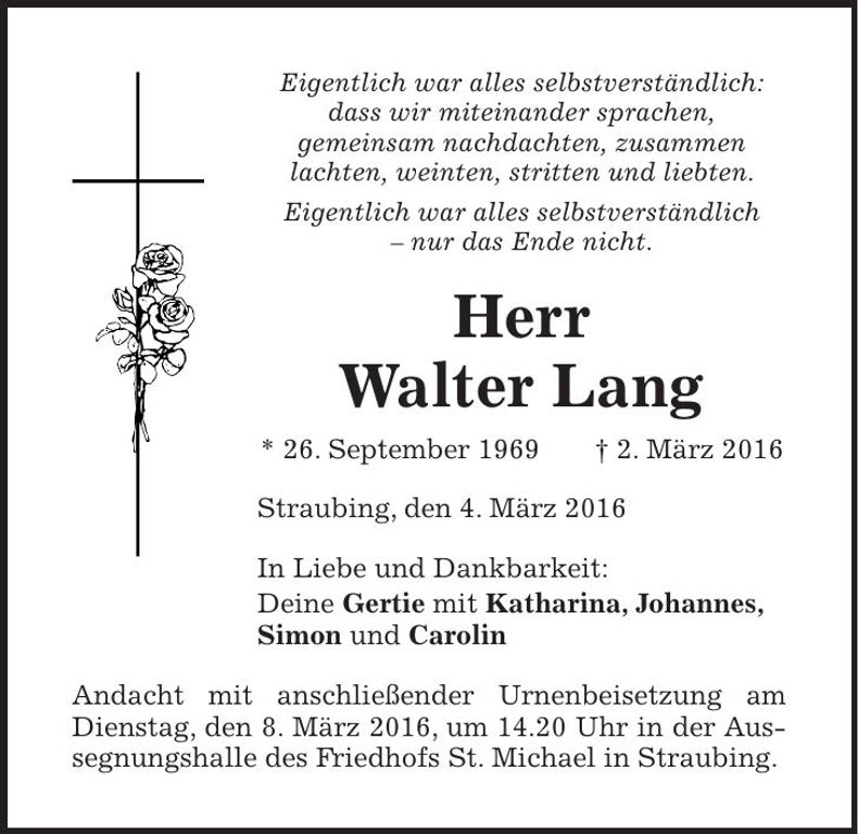 Traueranzeige Walter Lang