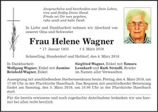 Traueranzeige Helene Wagner