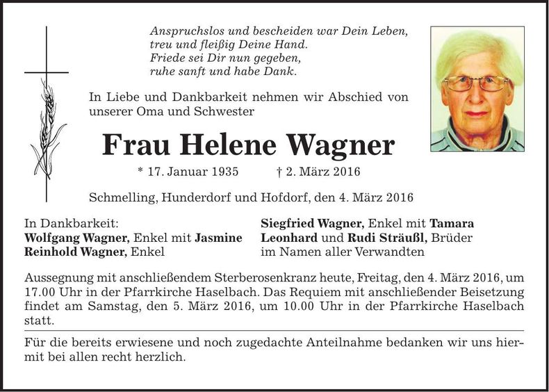 Traueranzeige Helene Wagner
