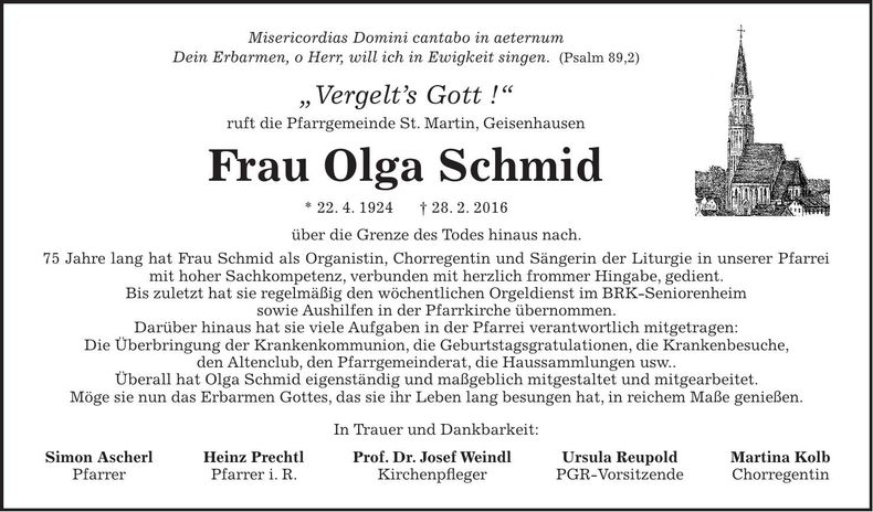 Traueranzeige Olga Schmid