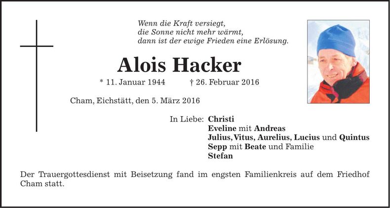 Traueranzeige Alois Hacker
