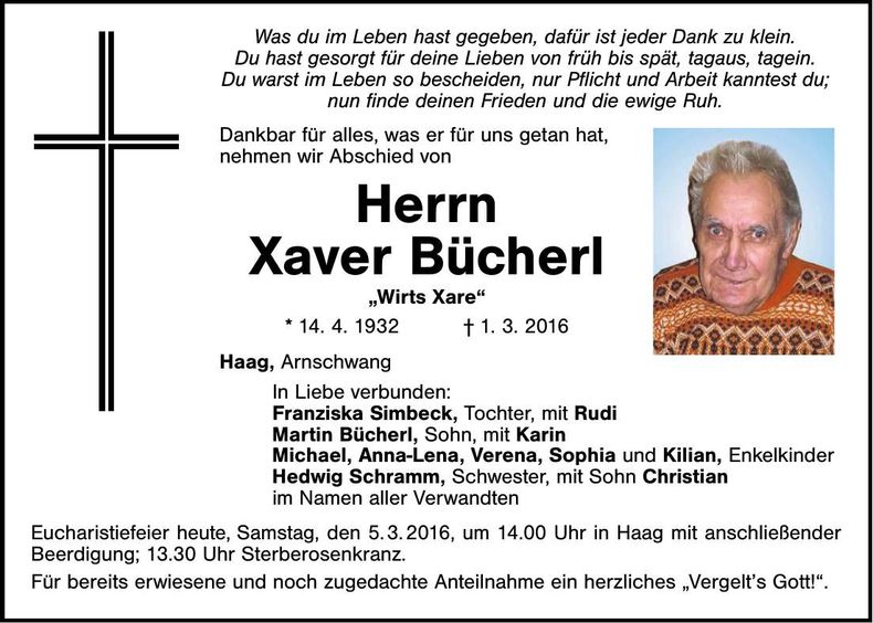 Traueranzeige Xaver Bücherl