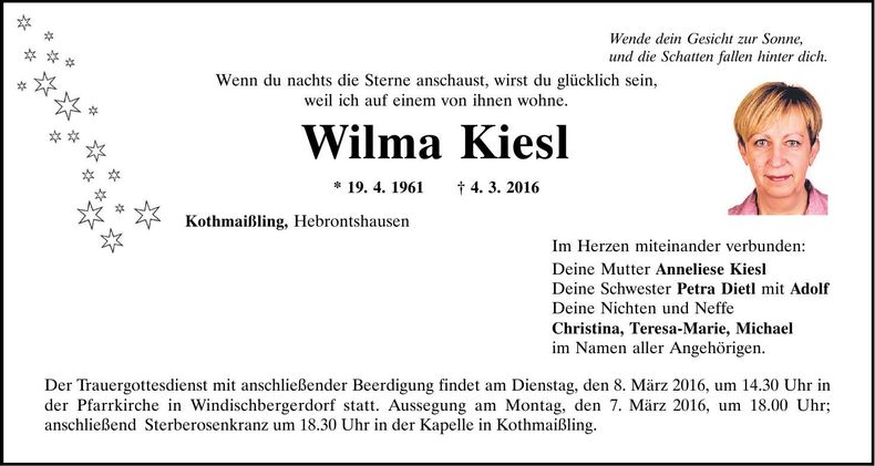 Traueranzeige Wilma Kiesl