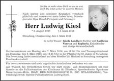 Traueranzeige Ludwig Kiesl