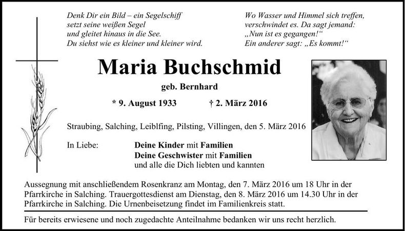 Traueranzeige Maria Buchschmid