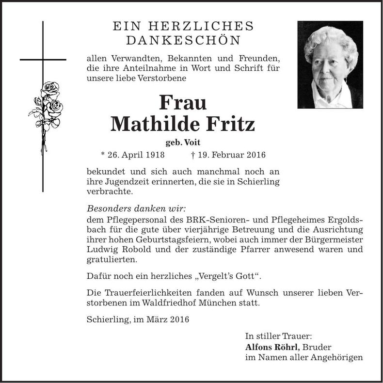 Traueranzeige Mathilde Fritz