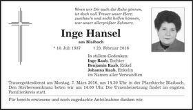 Traueranzeige Inge Hansel