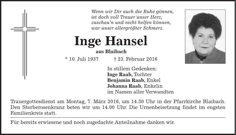 Traueranzeige Inge Hansel